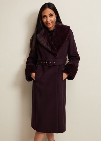 Phase Eight Petite Zylah Faux Fur Collar Wool Coats Burgundy Australia | IM0687345